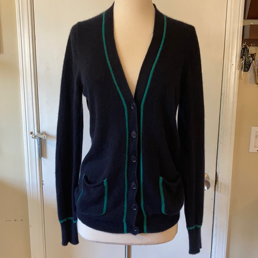Gap 100% cashmere cardigan sweater. Dark navy blue with green accents. L